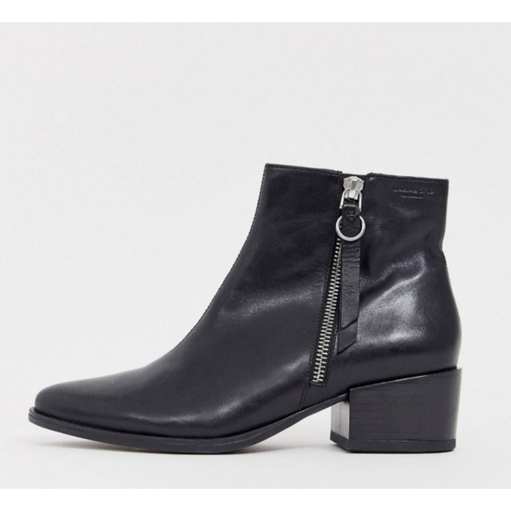 Vagabond Shoemakers Marja Black Leather Block Heel Pointed Toe Ankle Boots 39